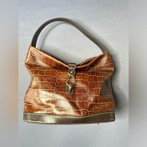 DOONEY & BOURKE "Belvedere" Logo Lock Shoulder Bag in Brown Crocs Printed